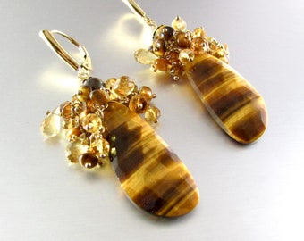 Tigers Eye and Gemstone Cluster Dangle Gold Earrings