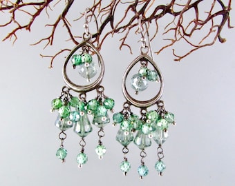 Mystic Green Quartz and Zircon Sterling Silver Cluster Dangle Earrings