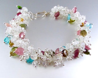 Bracelet en pierre de lune, topaze et tourmaline, bracelet en fil de fer, pierres précieuses et argent sterling