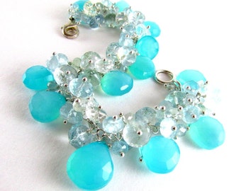 Bracelet calcédoine turquoise et pierres précieuses aigue-marine