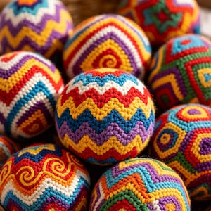 Puede incluir: Una colección de bolas coloridas, tejidas a mano. Cada bola presenta un patrón único de zigzags vibrantes y diseños geométricos en una variedad de colores, incluyendo rojo, amarillo, azul y morado. Las bolas son redondas y parecen estar hechas de hilo.