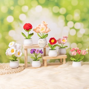 May include: A selection of handmade crochet flowers in small white pots. The flowers are in various colours, including red, pink, white, and purple. Some pots are arranged on a small wooden shelf. The background is a soft, blurred green.
