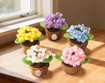 Fiori "Non ti scordar di me" fatti a mano all'uncinetto con testo personalizzato, cestino di fiori all'uncinetto personalizzato, pianta in vaso lavorata a maglia per il supporto emotivo
