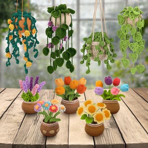 植物のかぎ針編みパターン、垂れ下がった葉のかぎ針編みパターン、車に吊るす植物のかぎ針編みパターン、かぎ針編みの吊り下げバスケット植物、花のかぎ針編みパターン