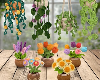Crochet Hanging Plants, Potted Plant Crochet, Drooping Leave Crochet Pattern, Crochet Car Hanging Basket Plant,Flower Crochet Patterns Daisy