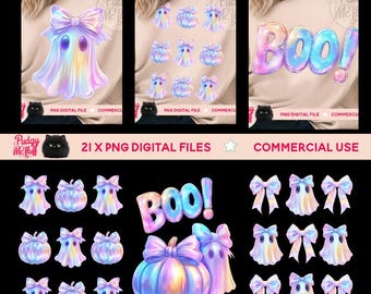 Schimmernde Geister-PNG-Bundle | Niedliches Halloween-Sublimationsdesign | Koketter Herbstgeist (PNG) | Bunter Neon-Boo-Geist (PNG) | Neon-Halloween-PNG