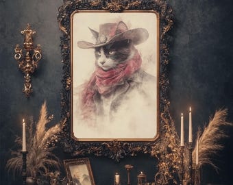 May include: A framed watercolor painting of a cat wearing a cowboy hat and a red scarf. The frame is ornate and gold with a dark background.