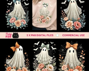 5 Halloween Lace Ghost PNG Pastel Bundle Designs | Laço de renda fantasma de outono Png | Camisa de renda fantasma Png, Design de sublimação de Halloween fofo Boojee