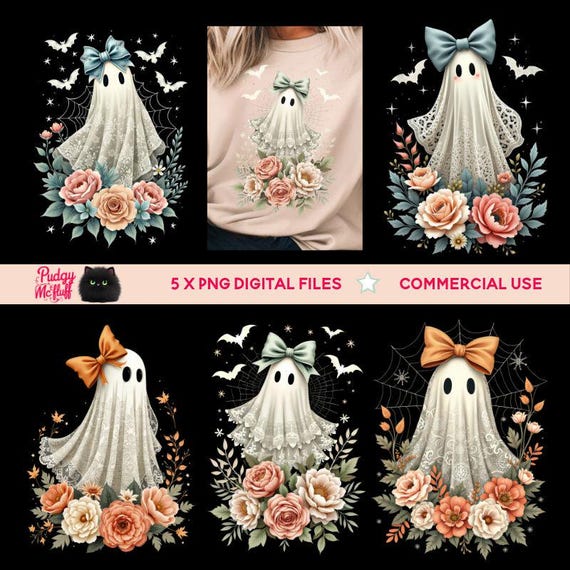 5 Halloween Lace Ghost PNG Pastel Bundle Designs | Fall Ghost Lace Bow Png | Ghost Lace Shirt Png, Cute Boojee Halloween Sublimation Design