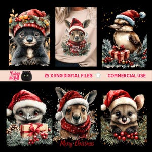 Ensemble de 25 animaux de Noël australiens en PNG | Aquarelle de Noël australienne | Cartes de vœux mignonnes pour les fêtes d'Australie