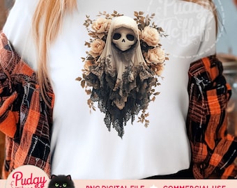 Esqueleto de encaje de Halloween fantasma Png / Fantasma de encaje negro / Lazo fantasma de otoño Png / Cara de fantasma Png / Encaje fantasma Png, Diseño de sublimación de Halloween