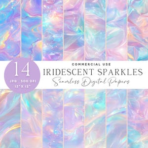 Puede incluir: Un conjunto de 14 papeles digitales con patrones iridiscentes, holográficos y nacarados en tonos de rosa, azul y morado. Los papeles son sin costuras y se pueden utilizar para fines comerciales. El texto "IRIDESCENT SPARKLES Seamless Digital Papers" se muestra en la imagen.