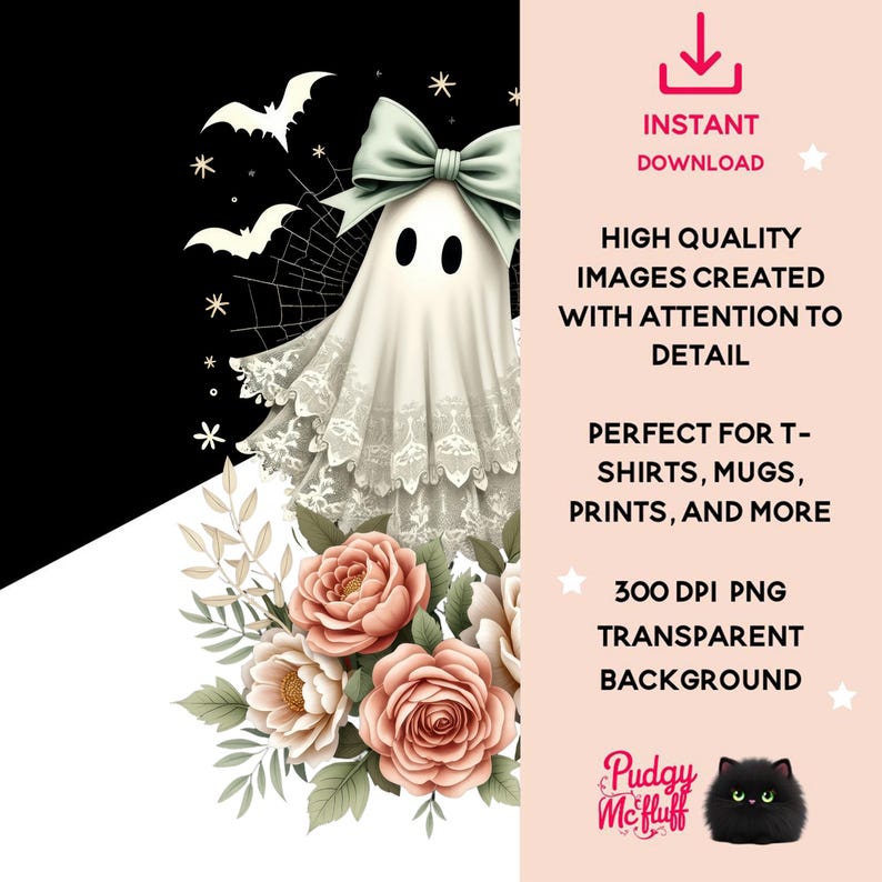 May include: A white ghost with a green bow and lace trim, surrounded by pink roses and green leaves. The background is black and white.