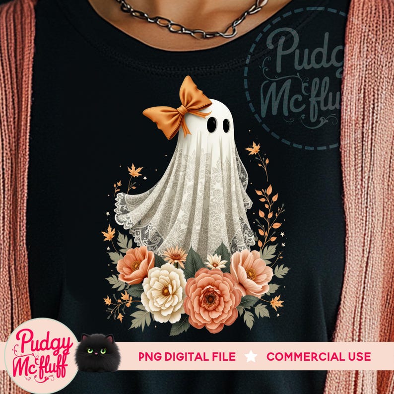 May include: A white ghost with a lace overlay and an orange bow is surrounded by fall-colored flowers. The ghost is wearing a bow and has a sweet expression. The background is black.