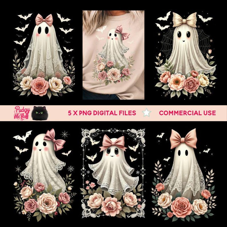 5 Halloween Lace Ghost PNG Pink Bundle Designs | Halloween Boo Lace Bow ...