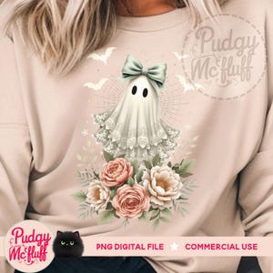 May include: A digital design featuring a white ghost with a green bow, wearing a lace dress and surrounded by pink and white flowers. The design is perfect for Halloween crafts and projects.