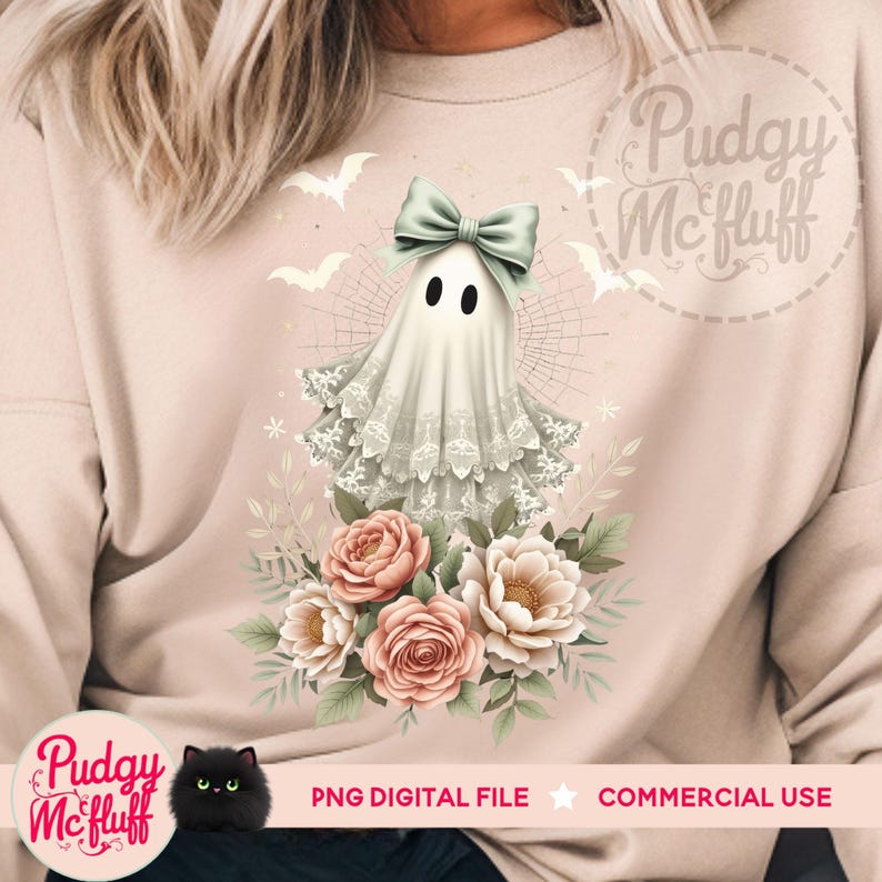 May include: A digital design featuring a white ghost with a green bow, wearing a lace dress and surrounded by pink and white flowers. The design is perfect for Halloween crafts and projects.