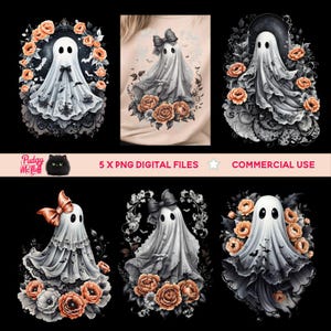 Pacote PNG fantasma de renda preta assustadora | Camisa de Halloween Sublimação | Laço fantasma de renda de outono Png | Camisa de renda fantasma Png | Boojee fofo