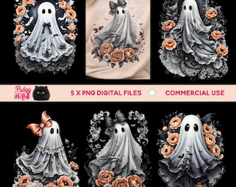 Pacote PNG fantasma de renda preta assustadora | Camisa de Halloween Sublimação | Laço fantasma de renda de outono Png | Camisa de renda fantasma Png | Boojee fofo
