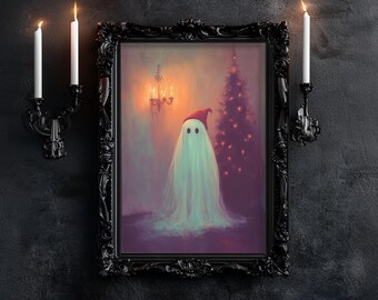 May include: A framed painting of a ghost wearing a red Santa hat standing in front of a Christmas tree with lights. The ghost is translucent and has two black eyes. The painting is set against a dark background with two black candle holders on either side.