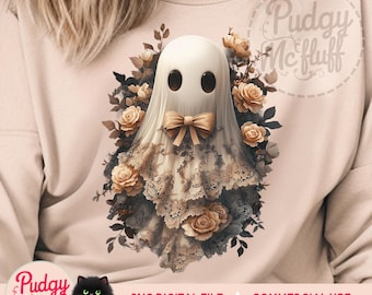 Vintage Halloween Floral Lace Ghost PNG | Spooky Cute Coquette Png | Watercolor Black Peach Bow Lace Ghost | Lacey Fall Ghost Bow Png