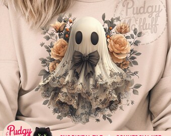 Vintage Halloween Floral Lace Ghost PNG | Spooky Coquette Png | Sepia Black Skull Bow Lace Ghost | Lacey Fall Ghost Bow Png | Cute Boojee