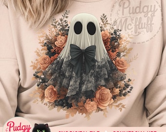 Halloween Floral Lace Ghost PNG | Coquete Assustador Png | Laço Preto Laço Fantasma | Laço Fantasma De Outono Png | Camisa Fantasma Rendada Png | Boojee Fofo