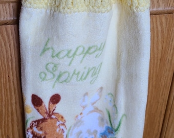 Happy Spring Dish Towel with Crocheted Top for Hanging