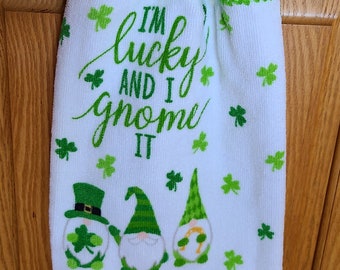 I'm Lucky and I Gnome It St. Patrick's Day Dish Towel with Crocheted Hanging Top