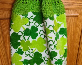 Shamrocks Galore St. Patrick's Day Dish Towel with Crocheted Hanging Top