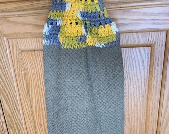 Olive Green Dish Towel with Crocheted Hanging Top