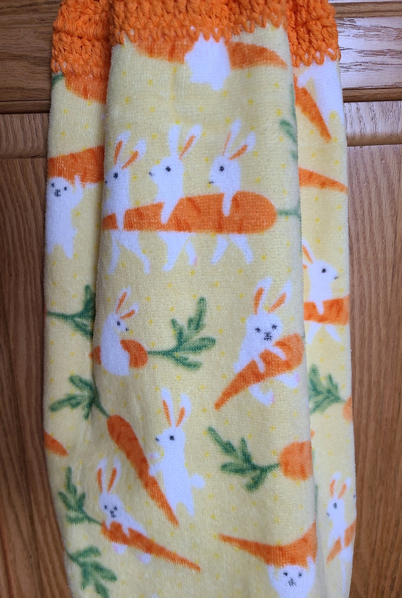 Bunnies and Carrots Dish Towel with Crocheted Top for Hanging image 3