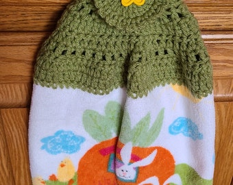 Rabbits in a Carrot House Dish Towel with Crocheted Top for Hanging