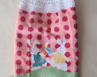 Polka Dots and Bunnies Dish Towel with Crocheted Top for Hanging