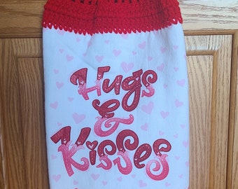 Hugs and Kisses Valentine Dish Towel with Red Crocheted Hanging Top