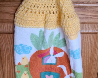 Rabbits and Carrots Dish Towel with Crocheted Top for Hanging