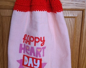 Happy Heart Day Valentine Dish Towel with Red Crocheted Hanging Top