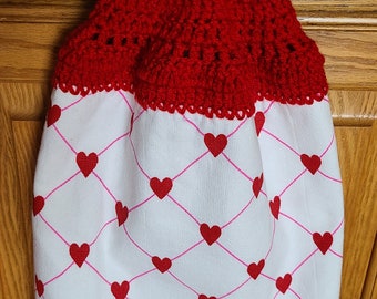 Little Red Hearts Valentine's Day Dish Towel with Crocheted Hanging Top