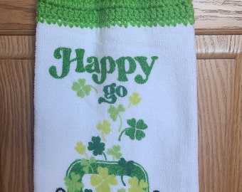 Happy Go Luck St. Patrick's Day Dish Towel with Crocheted Hanging Top