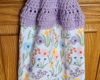 Spring Flowers Dish Towel with Crocheted Top for Hanging