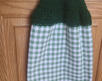 Checkered St. Patrick's Day Dish Towel with Crocheted Hanging Top