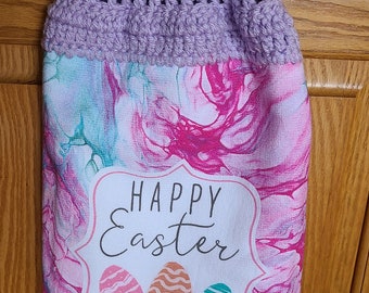 Happy Easter Dish Towel with Crocheted Top for Hanging