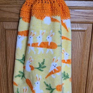 Bunnies and Carrots Dish Towel with Crocheted Top for Hanging image 1