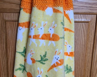 Bunnies and Carrots Dish Towel with Crocheted Top for Hanging