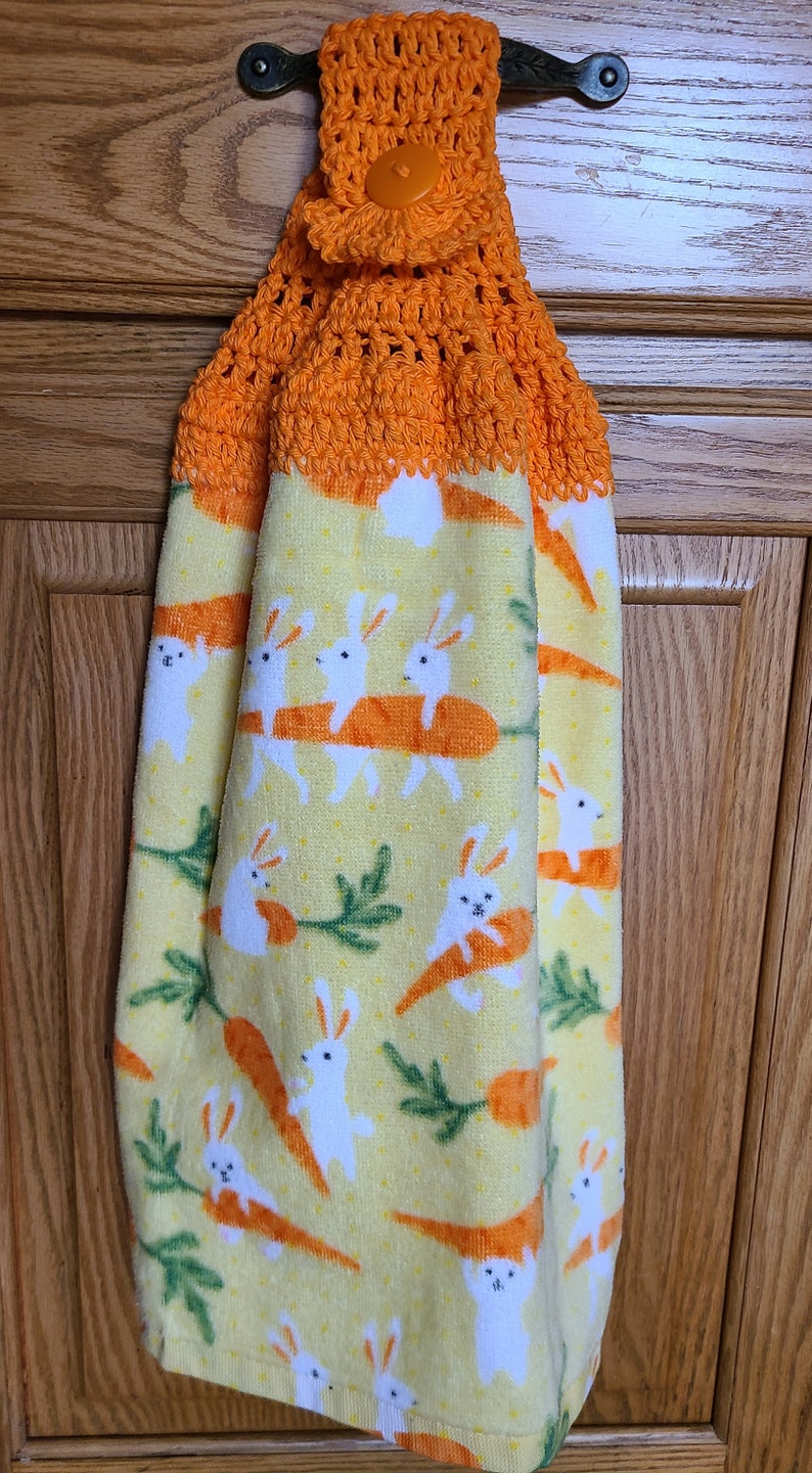 Bunnies and Carrots Dish Towel with Crocheted Top for Hanging image 1