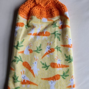 Bunnies and Carrots Dish Towel with Crocheted Top for Hanging image 5