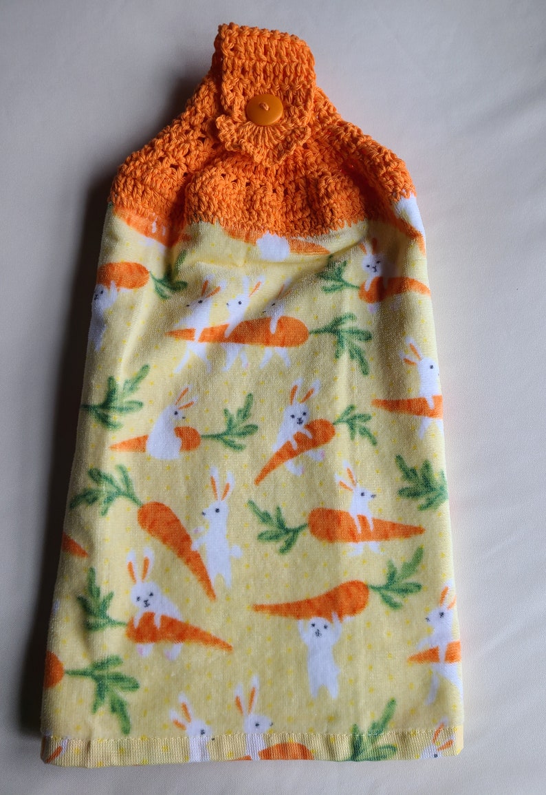 Bunnies and Carrots Dish Towel with Crocheted Top for Hanging image 5