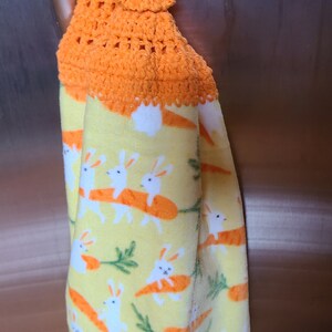 Bunnies and Carrots Dish Towel with Crocheted Top for Hanging image 2