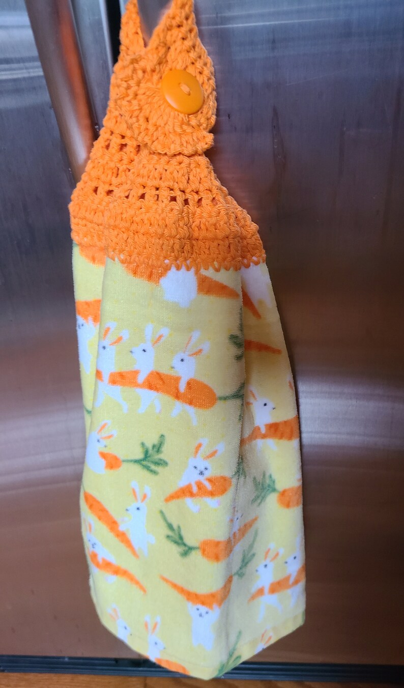 Bunnies and Carrots Dish Towel with Crocheted Top for Hanging image 2