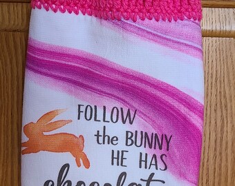 Follow the Bunny Dish Towel with Crocheted Top for Hanging